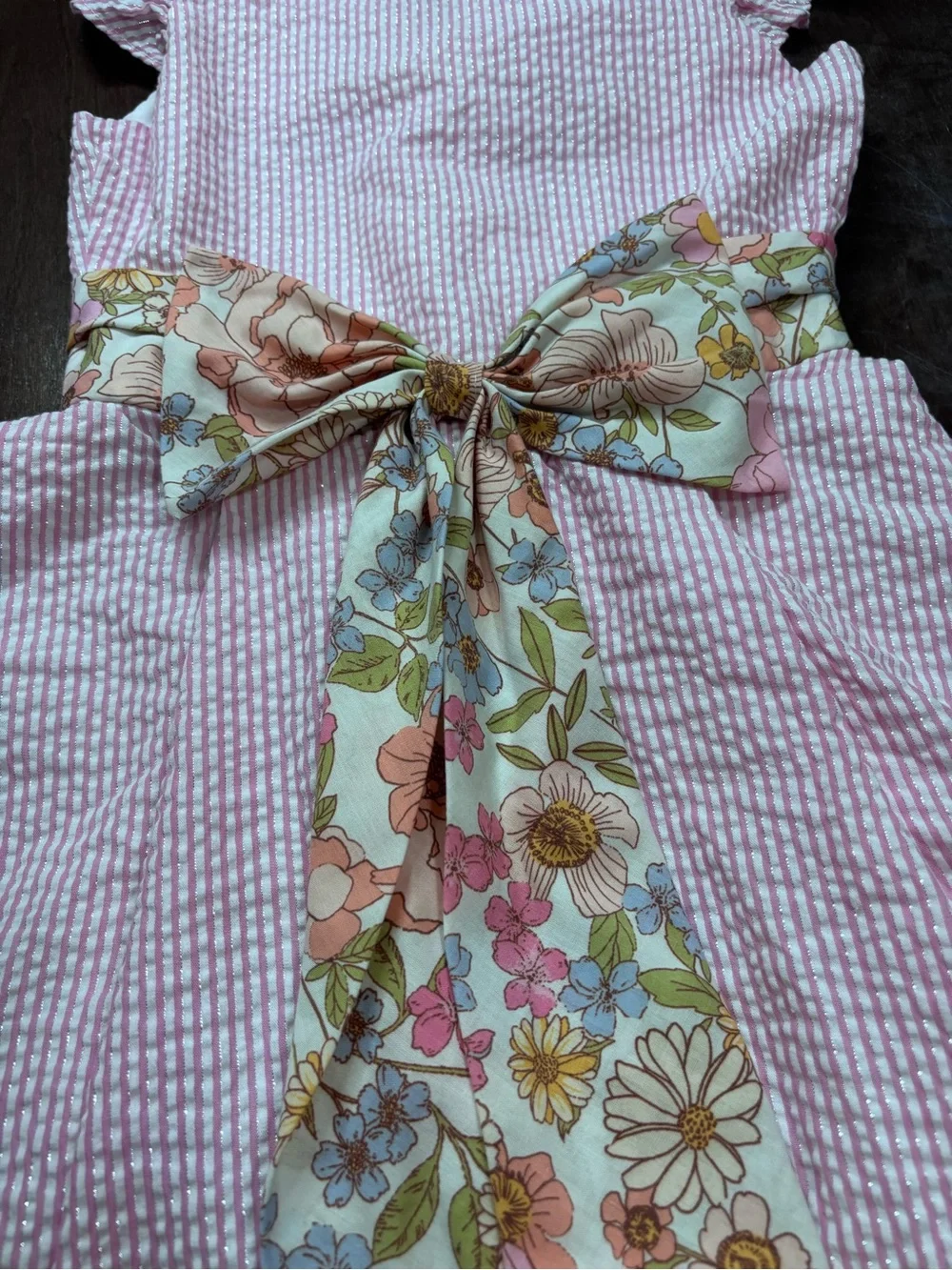 Rare Editions Pink Seersucker Dress with Floral Bow Sash